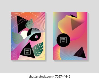 Minimal iridescent covers templates. Fluid shapes with trendy geometric and bubble forms and monstera leaves. Neon colored funky minimal covers or posters. 80s retro background for banners, business.