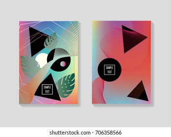 Minimal iridescent covers templates. Fluid shapes with trendy geometric and bubble forms and monstera leaves. Neon colored funky minimal covers or posters. 80s retro background for banners, business.