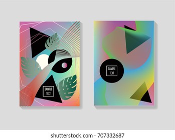 Minimal iridescent covers templates. Fluid shapes with trendy geometric and bubble forms and monstera leaves. Neon colored funky minimal covers or posters. 80s retro background for banners, business.