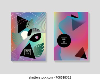 Minimal iridescent covers templates. Fluid shapes with trendy geometric and bubble forms and monstera leaves. Neon colored funky minimal covers or posters. 80s retro background for banners, business.