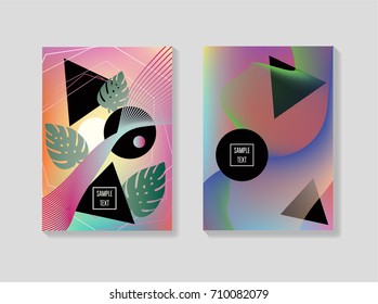 Minimal iridescent covers templates. Fluid shapes with trendy geometric and bubble forms and monstera leaves. Neon colored funky minimal covers or posters. 80s retro background for banners, business.