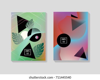 Minimal iridescent covers templates. Fluid shapes with trendy geometric and bubble forms and monstera leaves. Neon colored funky minimal covers or posters. 80s retro background for banners, business.