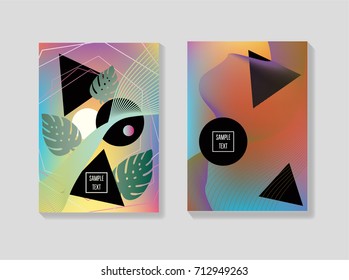 Minimal iridescent covers templates. Fluid shapes with trendy geometric and bubble forms and monstera leaves. Neon colored funky minimal covers or posters. 80s retro background for banners, business.