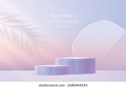 Tela de pódio iridescente mínima com sombra de palma sobre fundo gradiente