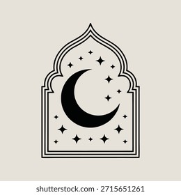 Minimal Islamic Arch with Crescent Moon and Stars – Elegant Ramadan Night Line Art Icon