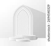 Minimal Islamic Arch Podium Background with 3D Stage and Floral Geometric Pattern, White Elegant Abstract Interior Design for Product Display, Ramadan, or Luxury Modern Decoration