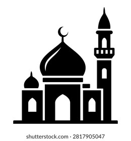 Minimal Islamic mosque building vector icon with crescent moon, dome and minaret, perfect for Ramadan, Eid, Muslim religion, architecture, travel, cultural and spiritual design projects.