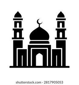 Minimal Islamic mosque silhouette vector icon with domes, minarets and crescent moon, perfect for Ramadan, Eid, Muslim religion, architecture, travel, cultural and spiritual design projects.