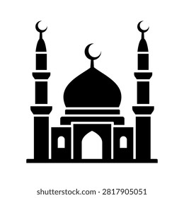 Minimal Islamic mosque vector icon featuring domes and minarets with crescent symbols, ideal for Ramadan, Eid, religion, architecture, travel, cultural and spiritual design projects.