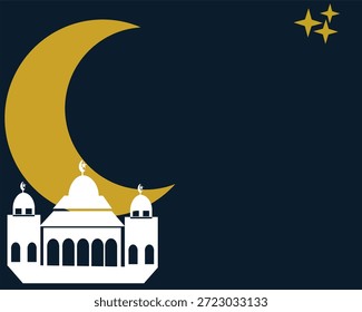 Fondo de la noche islámica mínima con la mezquita y la luna creciente en el cielo azul oscuro. Ilustración tranquila y elegante para la celebración de Ramadán y Eid.