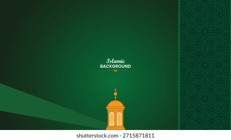 Plano de fundo mínimo islâmico do Ramadã com cor verde gradiente Lanterna dourada e painel de ornamentos geométricos para apresentação de banner de saudação corporativa e campanha digital
