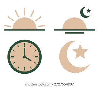 Minimal Islamic time icons showing sunrise, sunset, clock, and crescent moon with star, representing prayer times and daily Muslim schedule