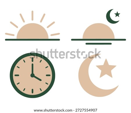 Minimal Islamic time icons showing sunrise, sunset, clock, and crescent moon with star, representing prayer times and daily Muslim schedule