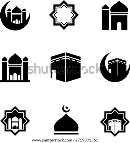 Minimal Islamic vector icon set featuring mosque domes, minarets, crescent moon, Kaaba, and geometric ornaments. Clean monochrome flat design suitable for Ramadan themes, Hajj and Umrah content, religious apps, web interfaces, infographics, logos, and Islamic branding projects.