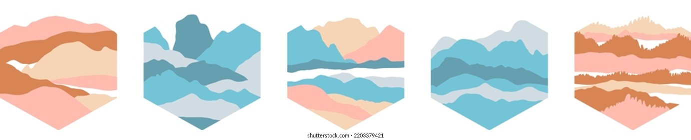 Minimal isolated on white vector mountain hexagon landscapes. Abstract geometric hills composition logo set.
