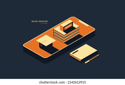 Minimal isometric digital education concept, Online learning on website and mobile application, Digtital advertising and marketing for school enrollment