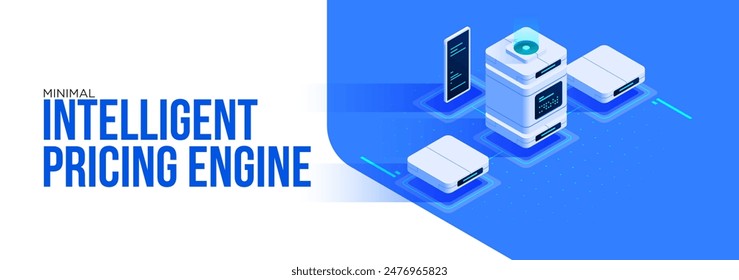 Minimal Isometric Pricing Engine data server isometric mobile network processing data online. Database service and backups storage isometric illustration design