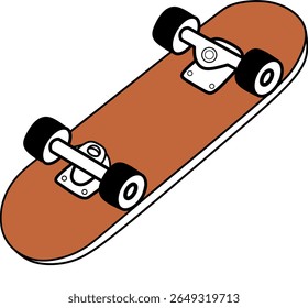 Minimal isometric skateboard illustration with brown deck and black wheels.
