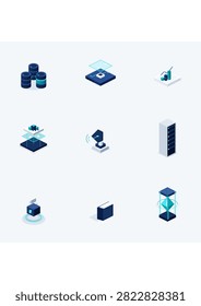 Minimal isometric vector icons showing database, server, analytics, security, and abstract data elements on a light background