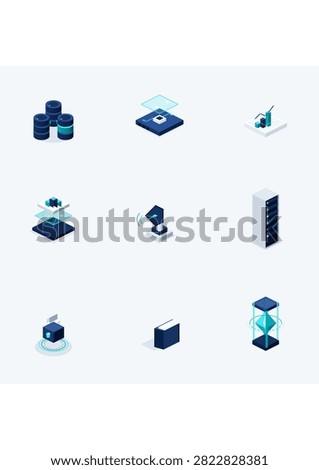 Minimal isometric vector icons showing database, server, analytics, security, and abstract data elements on a light background