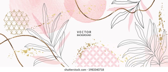 minimal Japanese background in pink flowers and tropical summer leaf with golden metallic texture gallery wall art vector 