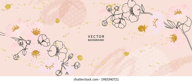 minimal Japanese background in pink flowers and tropical summer leaf with golden metallic texture gallery wall art vector 