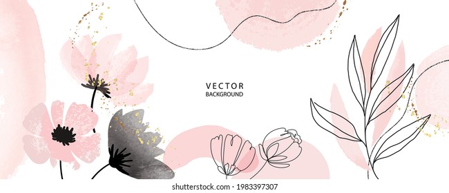 minimal Japanese background in pink flowers and tropical summer leaf with golden metallic texture gallery wall art vector 