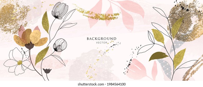 minimal Japanese background in pink flowers and tropical summer leaf with golden metallic texture gallery wall art vector 