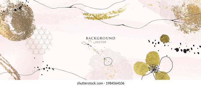 minimal Japanese background in pink flowers and tropical summer leaf with golden metallic texture gallery wall art vector 