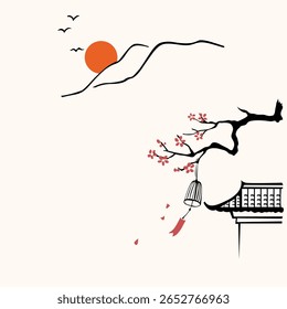 Minimal Japanese landscape with cherry blossoms, sunset, temple roof, and birds. A peaceful, elegant composition perfect for decor, design, and cultural themes.