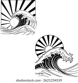 Minimal Japanese Ocean Wave Silhouette with Rising Sun Vector Design