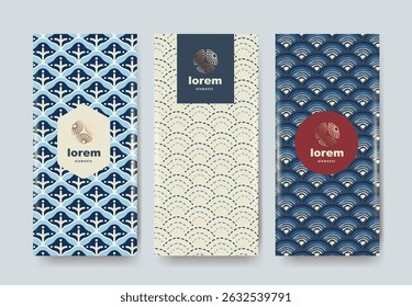 Minimal Japanese pattern set featuring seamless wave and geometric designs in traditional blue color scheme Perfect for packaging branding or product label backgrounds