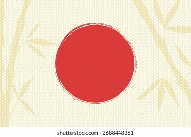 Minimal Japanese style background with a red sun and bamboo silhouette. Japanese background with hexagonal pattern. Vector illustration