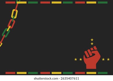Minimal Juneteenth Background Design with Fist, Stars, and Chains. Flat Juneteenth background vector with red, yellow, green color scheme, broken chains, and raised fist symbolizing Black freedom
