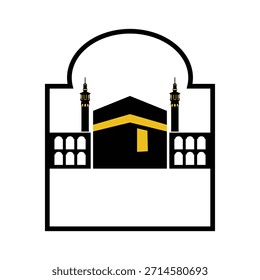 Minimale Kaaba-Illustration mit Moschee-Bogen und Minaretten für islamisches Gottesdienstkonzept, spirituelles Design von Hadsch und Umrah
