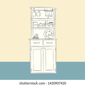 Minimal Kichen storage. Sketch hand drawing kitchen interior.Brush line draw design