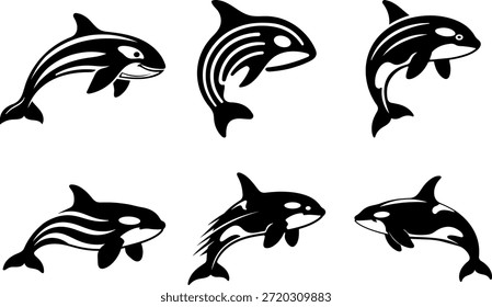 logotipo de baleia assassina mínimo definido em estilo silhueta preta, orca coleção de logotipo de baleia, ícones de animais marinhos modernos, logotipo abstrato de baleia assassina, ícones de animais marinhos mínimos