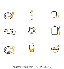Conjunto de ícones de utensílios de cozinha mínimos com linha fina preto e laranja