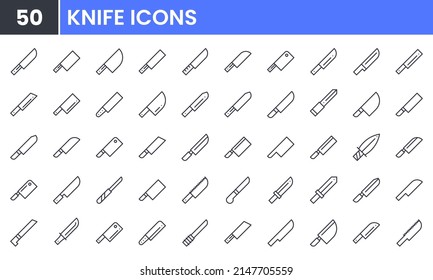 Minimal Knife vector line icon set. Contains linear outline icons like Knife Kitchen, Stainless Steel, Cutlery. Editable use and stroke for web