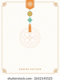 Plantilla de Vector de estilo coreano mínimo con adorno colgante, motivo floral y fondo de onda tradicional
