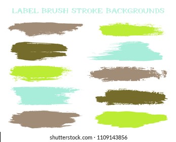 Minimal label brush stroke backgrounds, paint or ink smudges vector for tags and stamps design. Painted label backgrounds patch. Vector ink color palette samples. Ink dabs, green blue splashes.