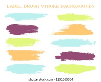 Minimal label brush stroke backgrounds, paint or ink smudges vector for tags and stamps design. Painted label backgrounds patch. Interior paint color palette elements. Light green orange blue splashes