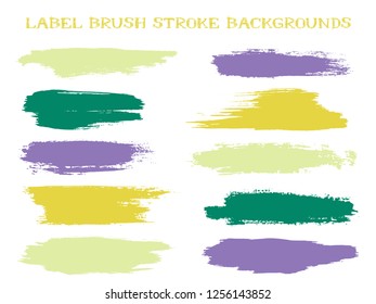 Minimal label brush stroke backgrounds, paint or ink smudges vector for tags and stamps design. Painted label backgrounds patch. Vector ink color palette samples. Ink dabs, violet green splashes.