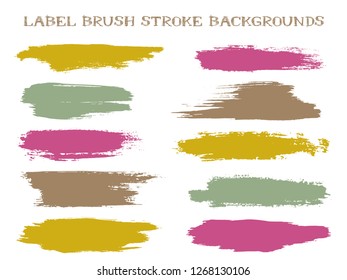 Minimal label brush stroke backgrounds, paint or ink smudges vector for tags and stamps design. Painted label backgrounds patch. Color combinations catalog elements. Ink gold magenta smudges, stains.