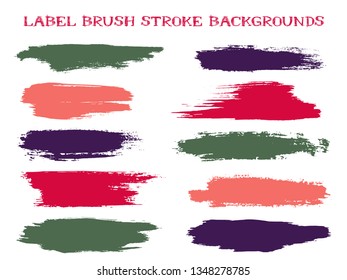 Minimal label brush stroke backgrounds, paint or ink smudges vector for tags and stamps design. Painted label backgrounds patch. Interior colors scheme samples. Ink dabs, red green splashes.