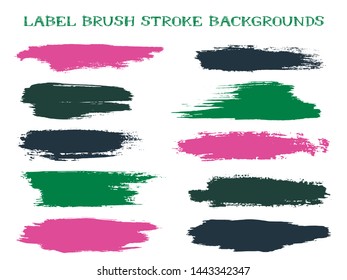 Minimal label brush stroke backgrounds, paint or ink smudges vector for tags and stamps design. Painted label backgrounds patch. Interior colors guide book elements. Ink dabs, magenta green splashes.