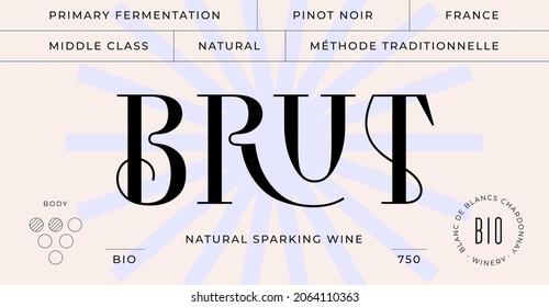 Etiqueta mínima. Juego de etiquetas de vino modernas, etiqueta para marca, logotipo, bodega de emoticones. Diseño de plantilla mínima etiqueta, etiqueta o tarjeta con texto moderno tipo de letra Brut Wine. Etiqueta de vino tipográfico. Ilustración vectorial