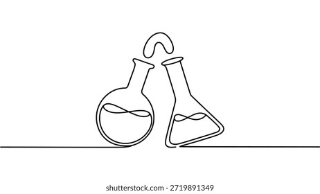 Minimal laboratory flasks line art illustration with chemistry glassware outline isolated on white background for science education icon and design use