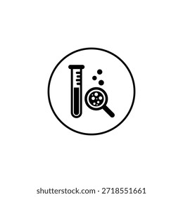 Icono mínimo de investigación de laboratorio con tubo de ensayo y lupa, ideal para proyectos científicos, médicos y de análisis.