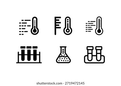 Conjunto de iconos científicos de laboratorio mínimo con termómetros y equipos de química para investigación, educación y diseño médico.